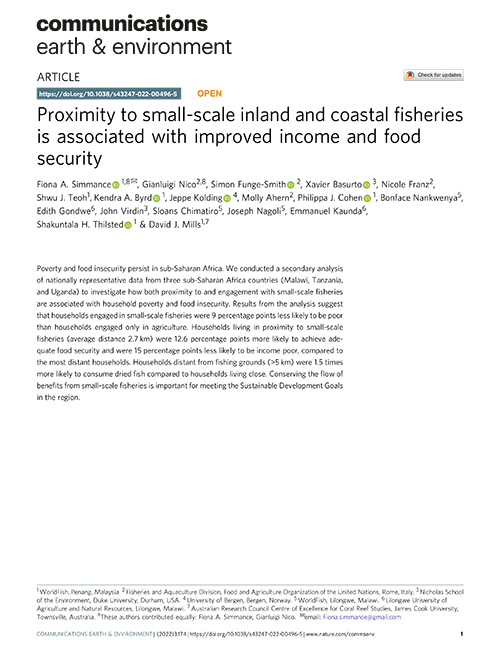 靠近小型內陸和沿海漁業的掩護與收入和糧食安全的改善有關